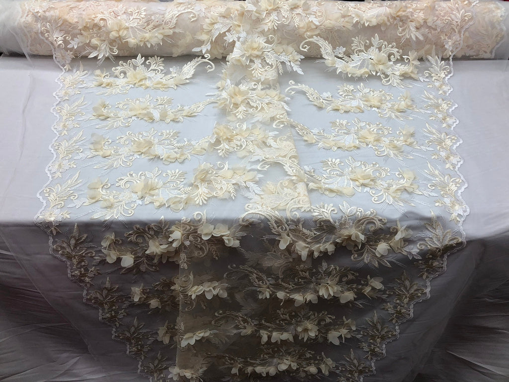 3D Embroided - Ivory Flower And Leaf Pattern Fabric Fancy Flowers Fashion Fabric By The Yard