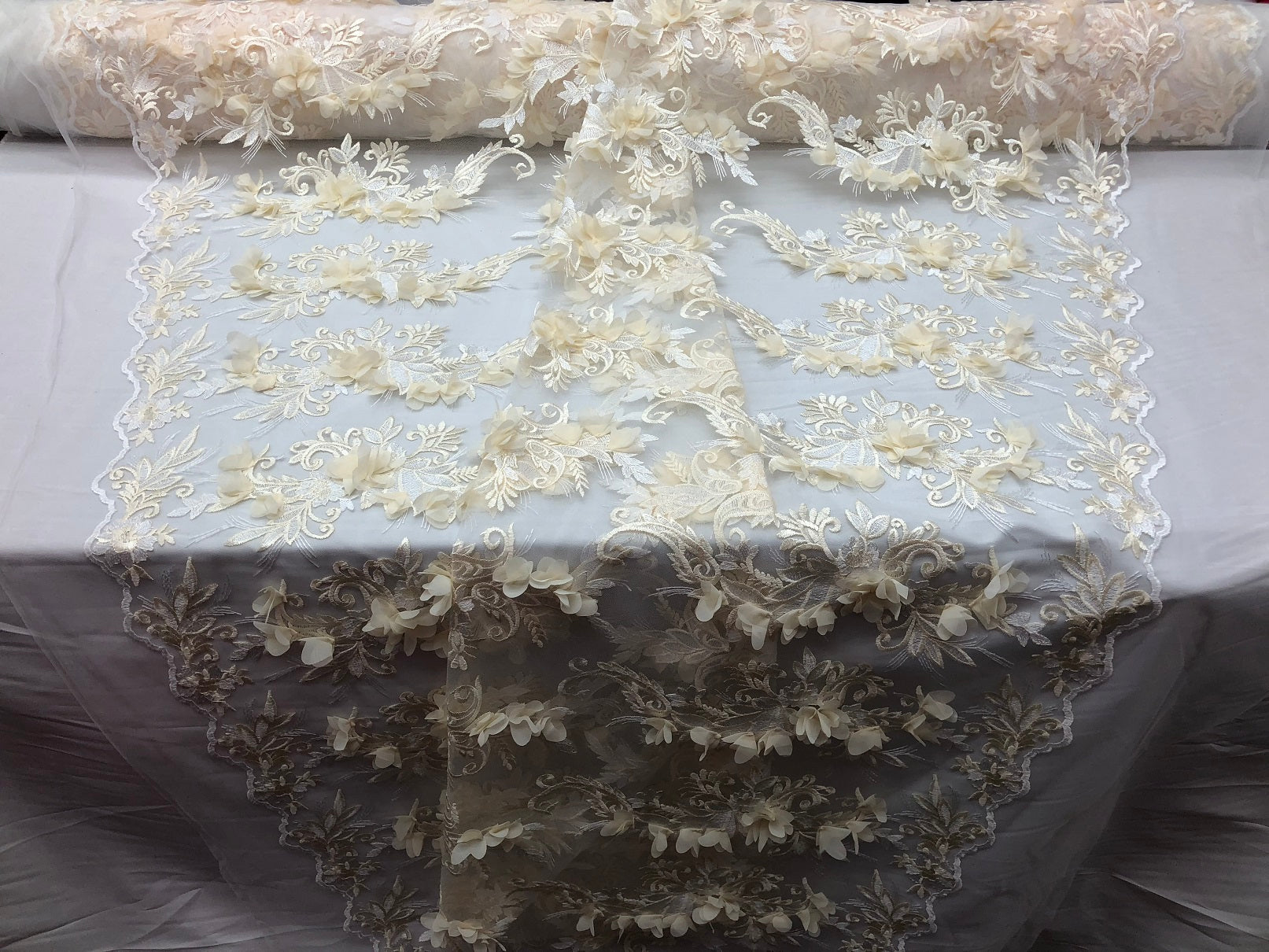 3D Embroided - Ivory Flower And Leaf Pattern Fabric Fancy Flowers Fashion Fabric By The Yard