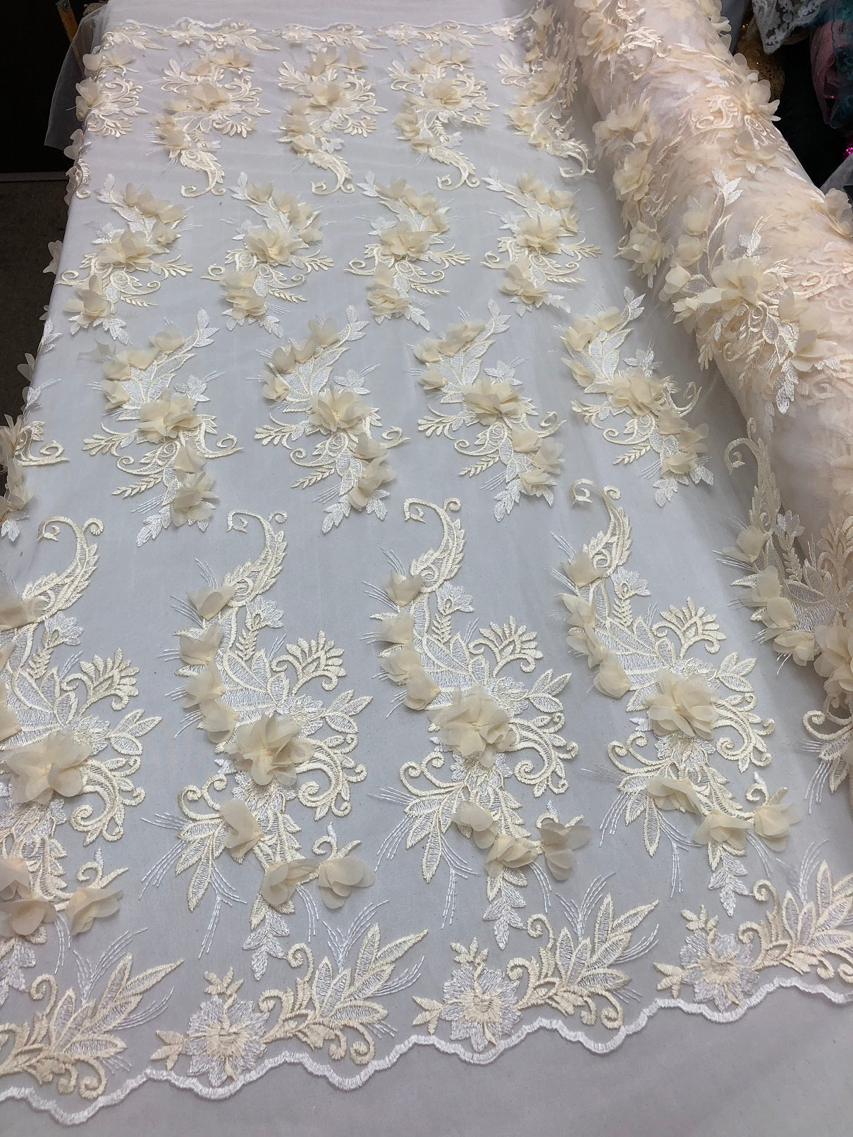 3D Embroided - Ivory Flower And Leaf Pattern Fabric Fancy Flowers Fashion Fabric By The Yard