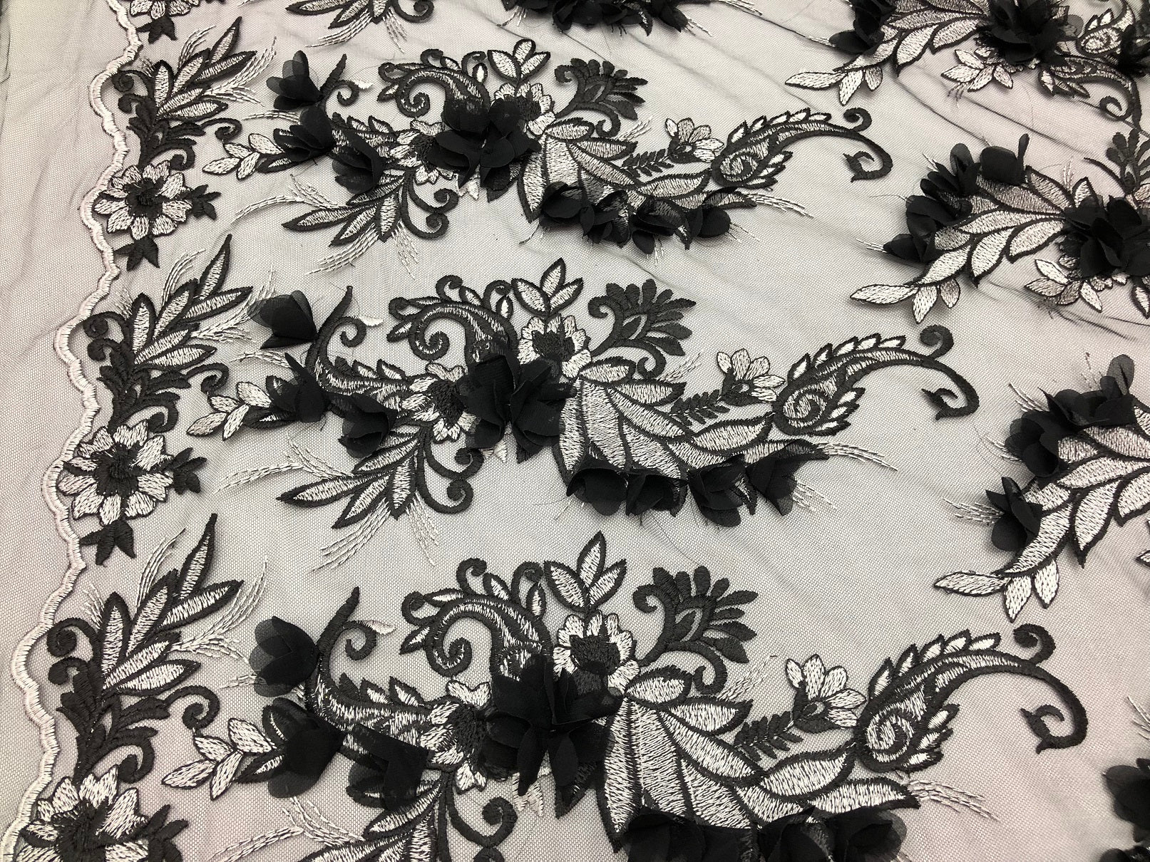 3D Embroided - Black Flower And Leaf Pattern Fabric Fancy Flowers Fashion Fabric By The Yard