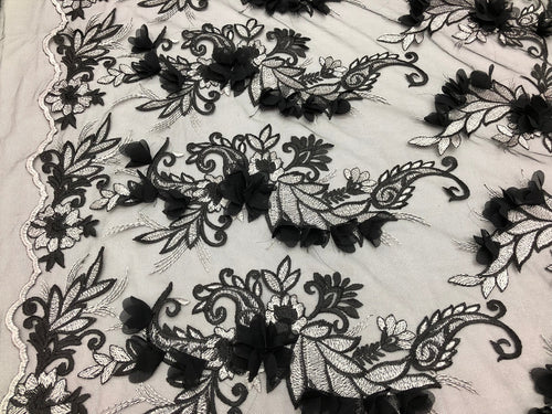 3D Embroided - Black Flower And Leaf Pattern Fabric Fancy Flowers Fashion Fabric By The Yard