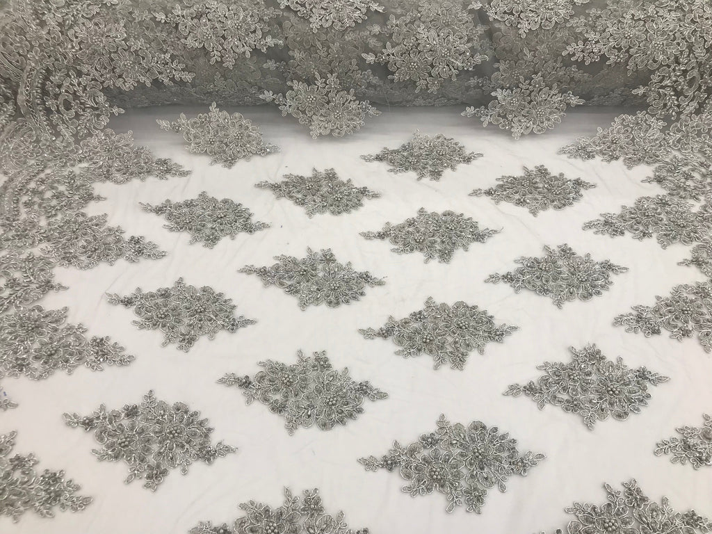 Silver - Hand Beaded Embroidered Flower Pattern Bridal Wedding Lace Fabric Sold by The Yard