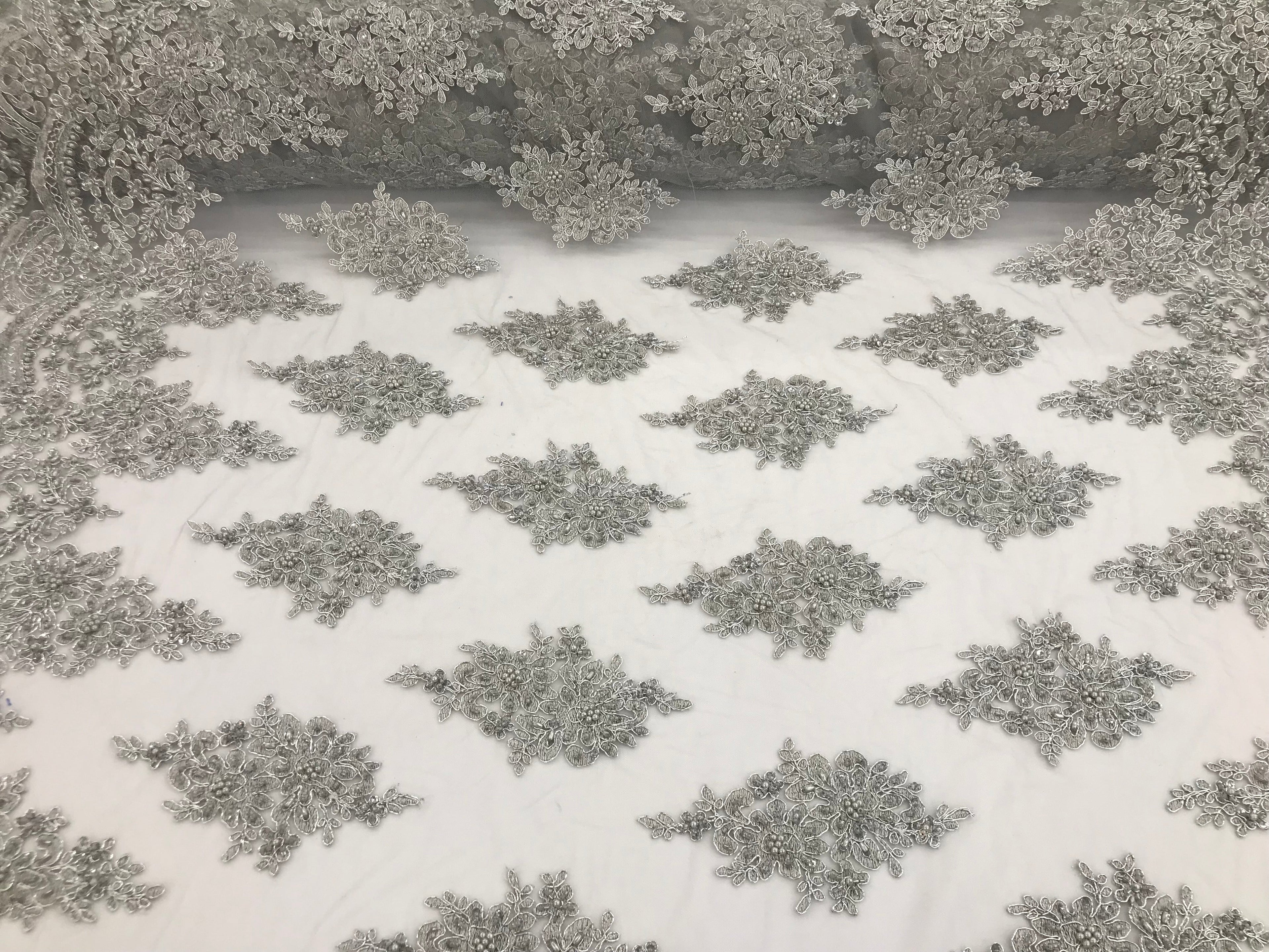 Silver - Hand Beaded Embroidered Flower Pattern Bridal Wedding Lace Fabric Sold by The Yard