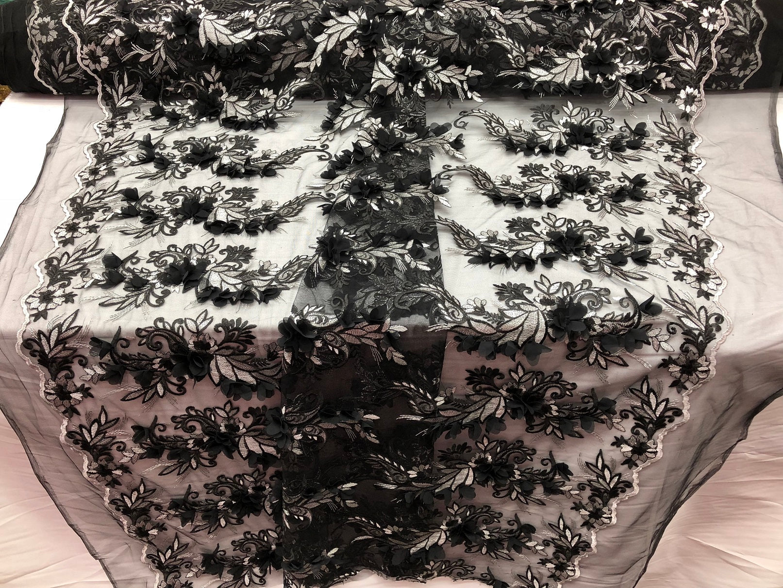 3D Embroided - Black Flower And Leaf Pattern Fabric Fancy Flowers Fashion Fabric By The Yard
