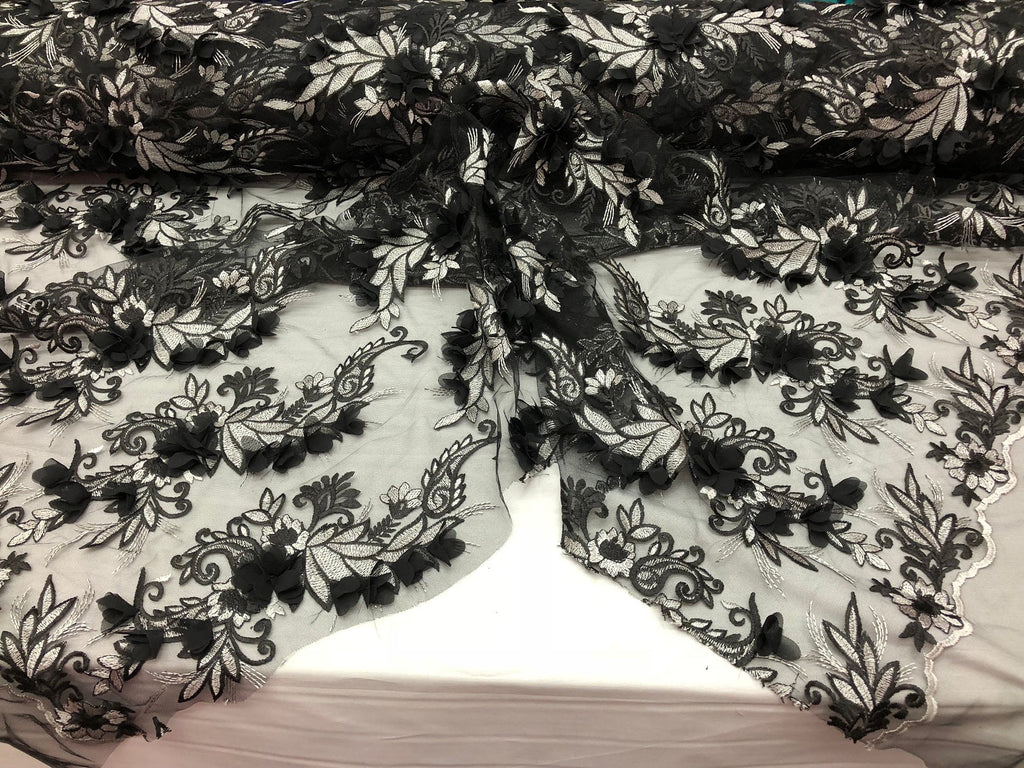 3D Embroided - Black Flower And Leaf Pattern Fabric Fancy Flowers Fashion Fabric By The Yard
