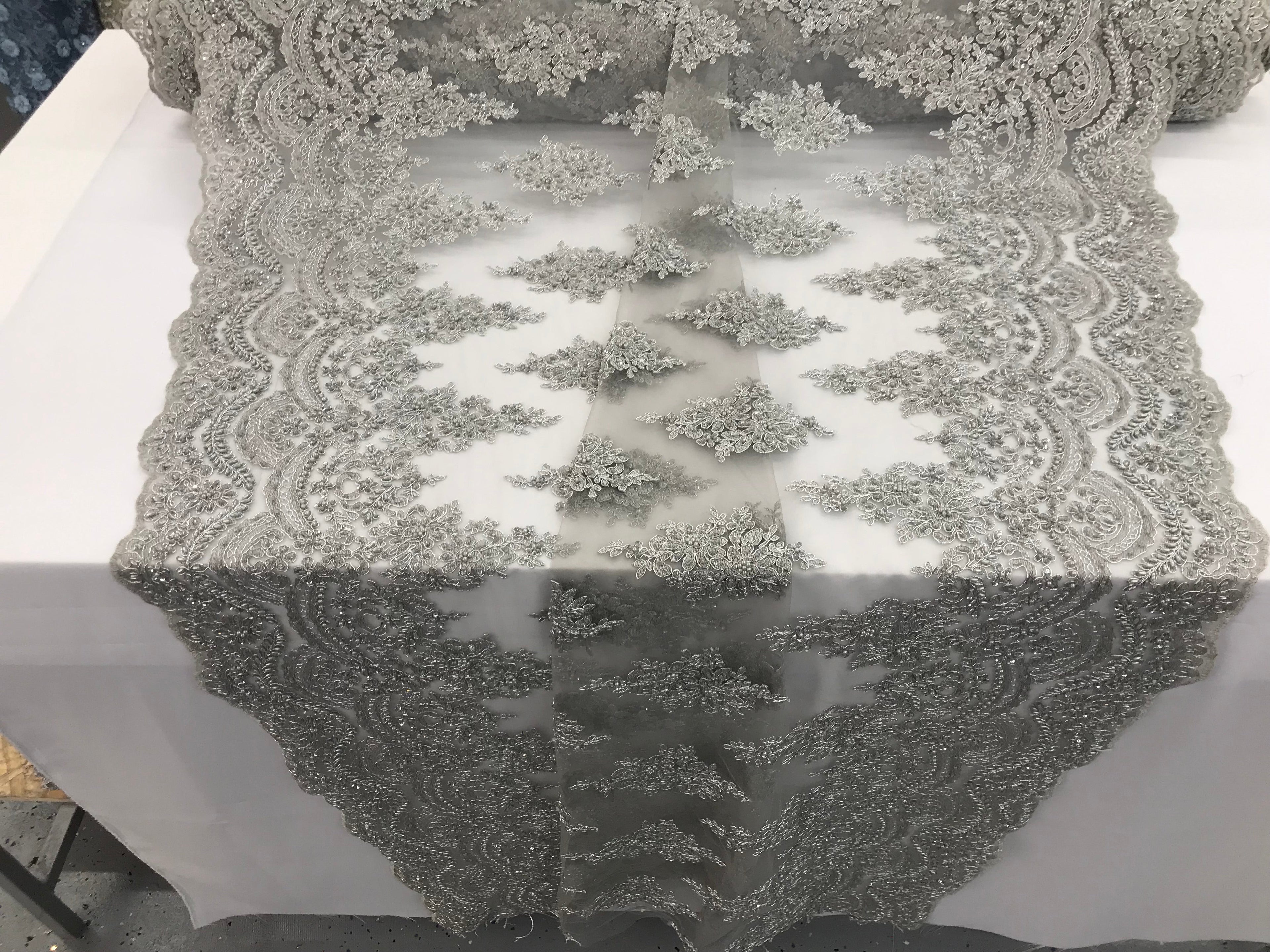 Silver - Hand Beaded Embroidered Flower Pattern Bridal Wedding Lace Fabric Sold by The Yard