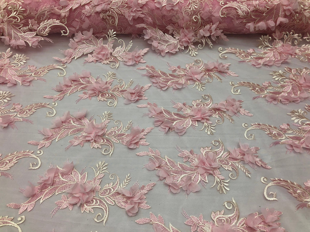 3D Embroided - Light Pink Flower And Leaf Pattern Fabric Fancy Flowers Fashion Fabric By The Yard