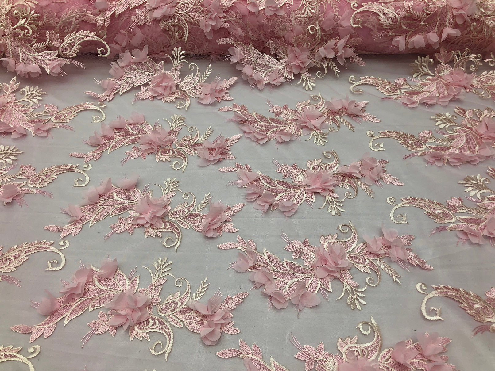3D Embroided - Light Pink Flower And Leaf Pattern Fabric Fancy Flowers Fashion Fabric By The Yard