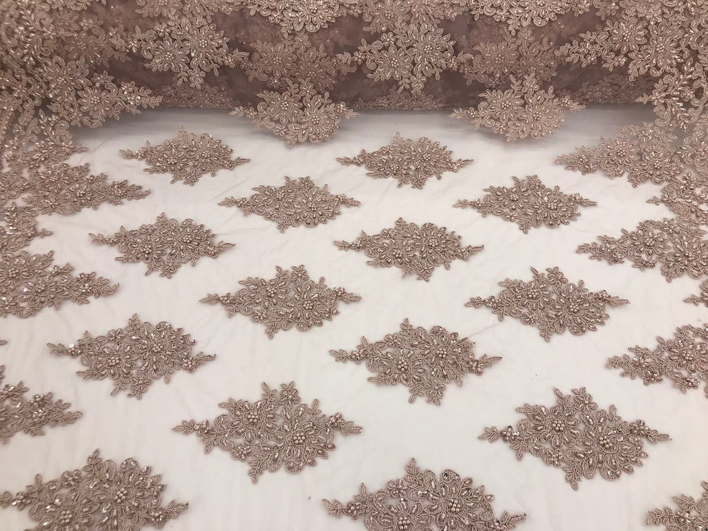 Mauve - Hand Beaded Embroidered Flower Pattern Bridal Wedding Lace Fabric Sold by The Yard