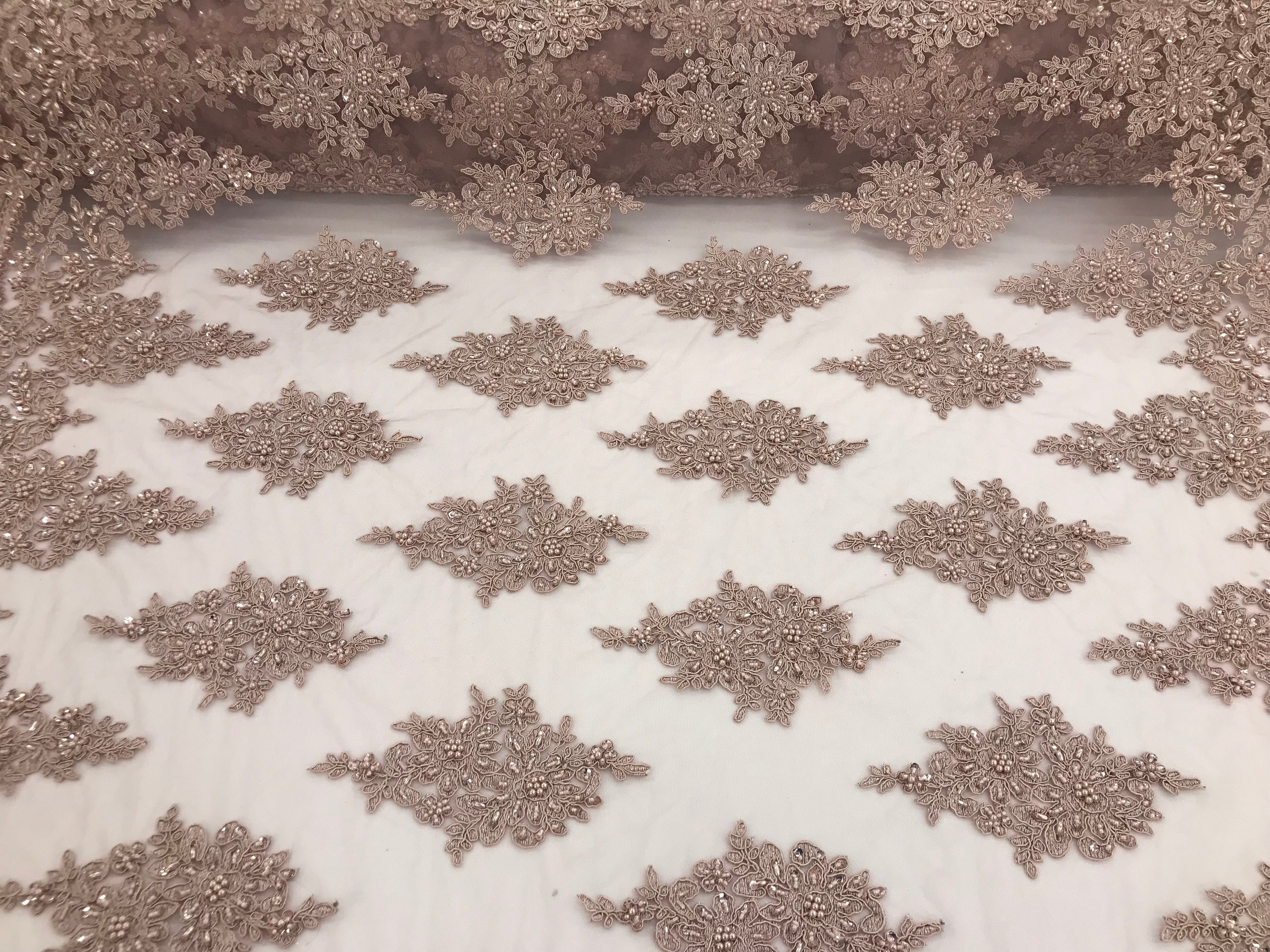 Mauve - Hand Beaded Embroidered Flower Pattern Bridal Wedding Lace Fabric Sold by The Yard
