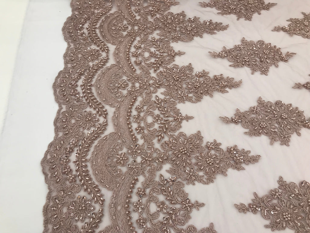 Mauve - Hand Beaded Embroidered Flower Pattern Bridal Wedding Lace Fabric Sold by The Yard