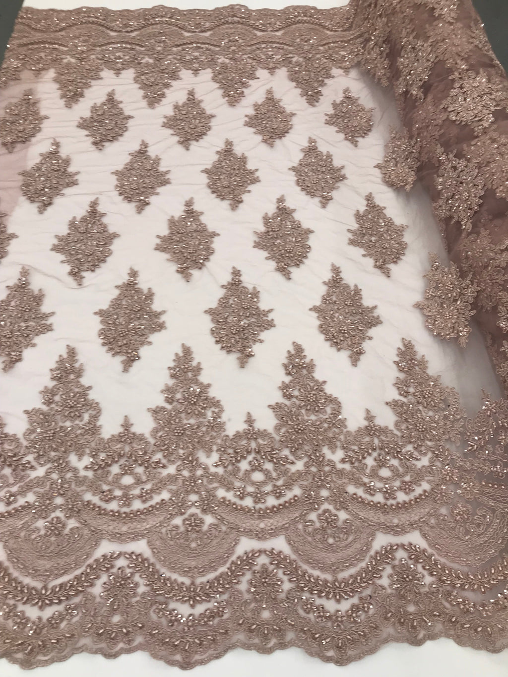 Mauve - Hand Beaded Embroidered Flower Pattern Bridal Wedding Lace Fabric Sold by The Yard