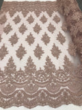 Mauve - Hand Beaded Embroidered Flower Pattern Bridal Wedding Lace Fabric Sold by The Yard