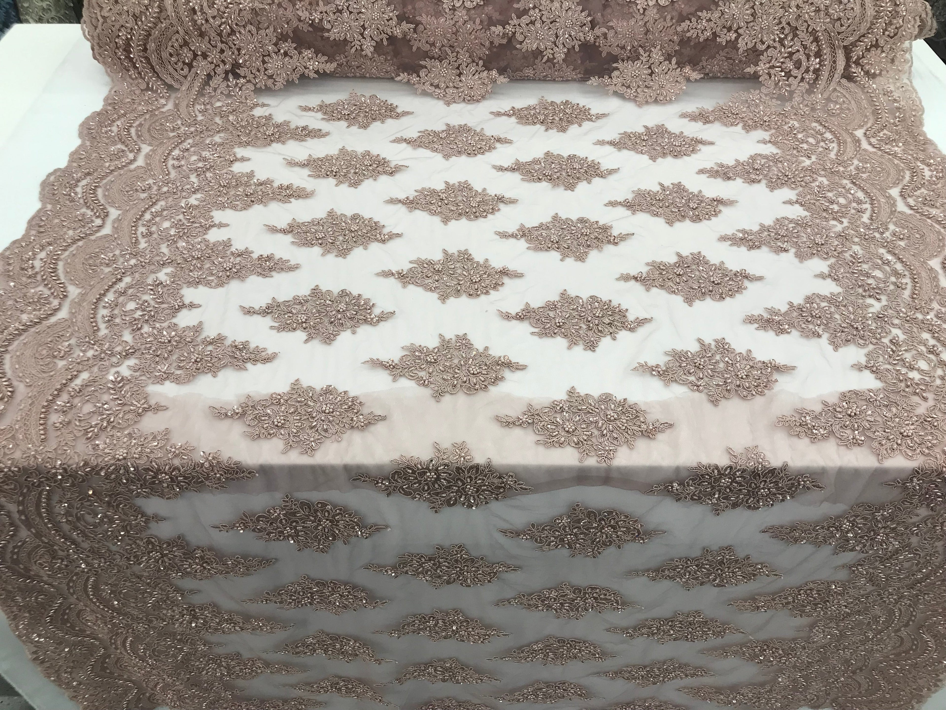 Mauve - Hand Beaded Embroidered Flower Pattern Bridal Wedding Lace Fabric Sold by The Yard