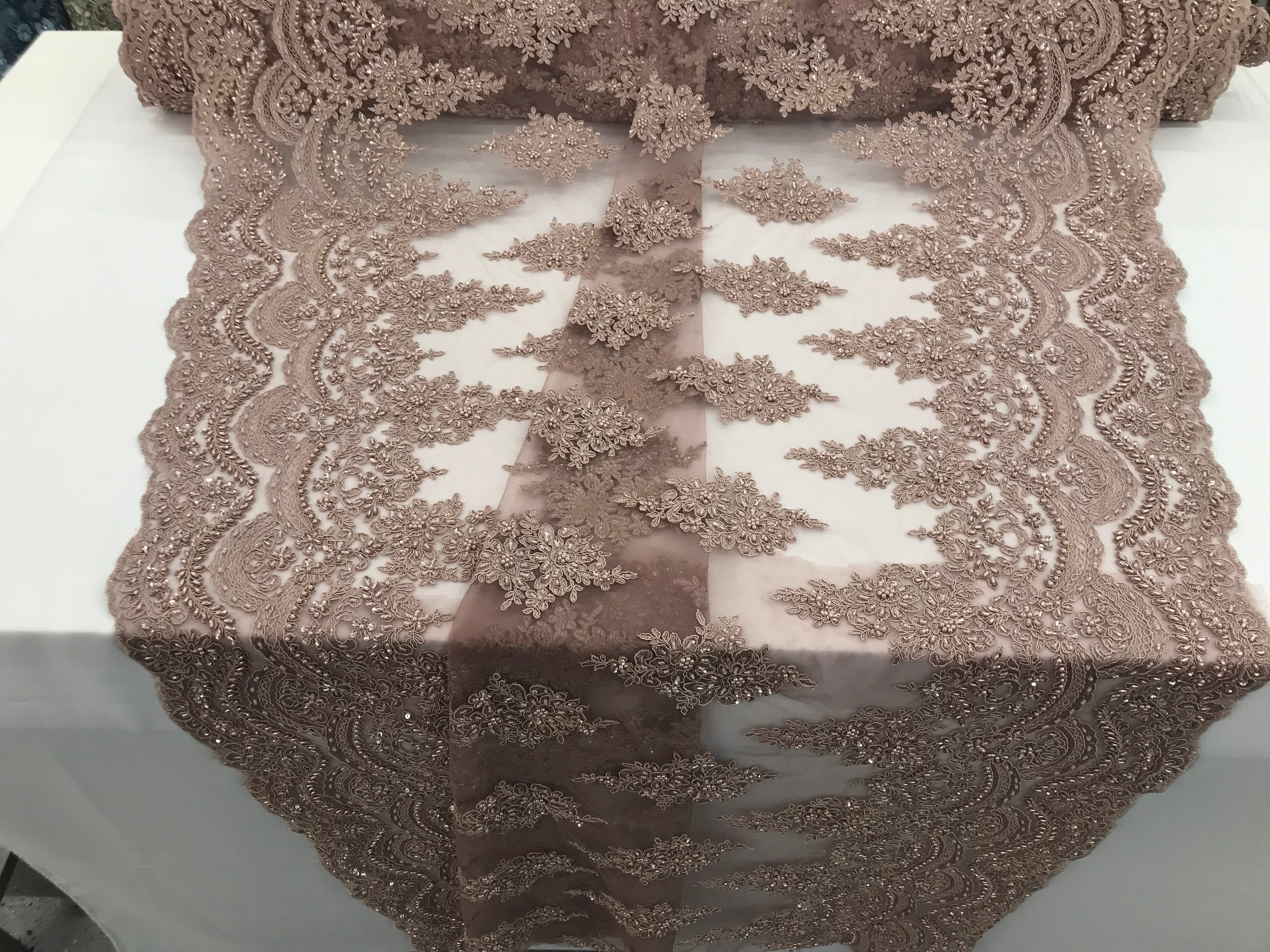 Mauve - Hand Beaded Embroidered Flower Pattern Bridal Wedding Lace Fabric Sold by The Yard