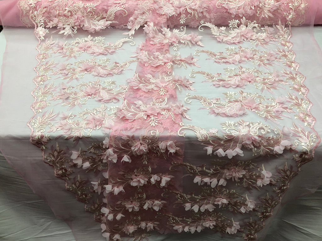 3D Embroided - Light Pink Flower And Leaf Pattern Fabric Fancy Flowers Fashion Fabric By The Yard