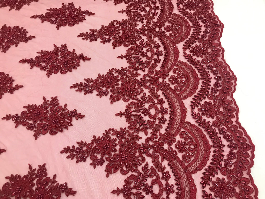 Burgundy  - Hand Beaded Embroidered Flower Pattern Bridal Wedding Lace Fabric Sold by The Yard