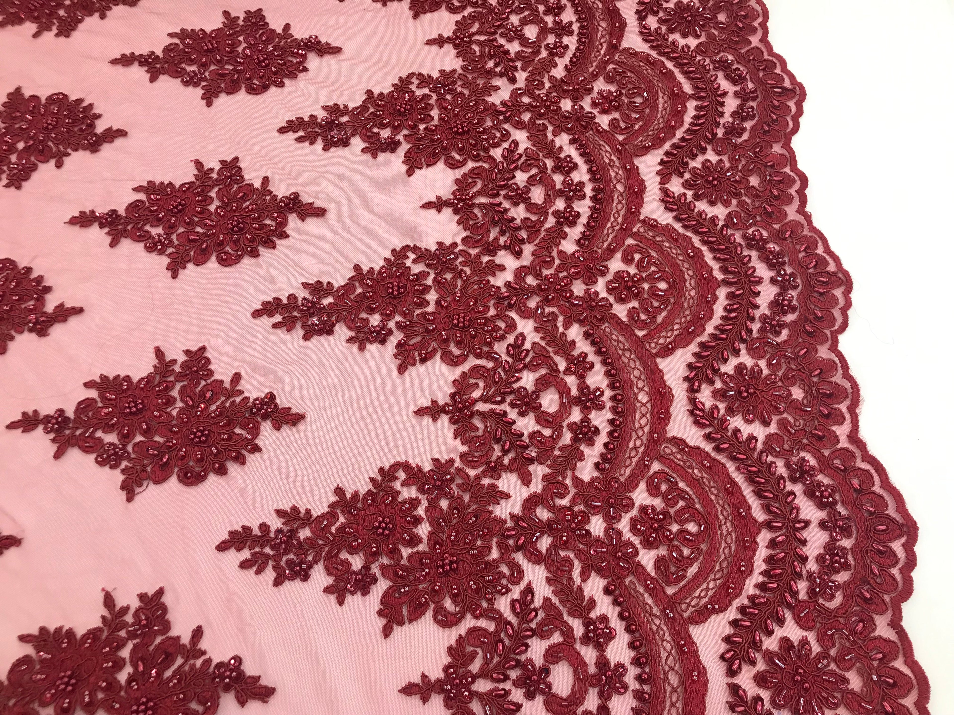 Burgundy  - Hand Beaded Embroidered Flower Pattern Bridal Wedding Lace Fabric Sold by The Yard