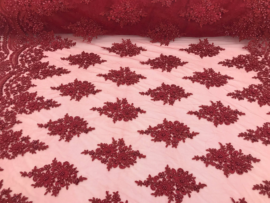 Burgundy  - Hand Beaded Embroidered Flower Pattern Bridal Wedding Lace Fabric Sold by The Yard