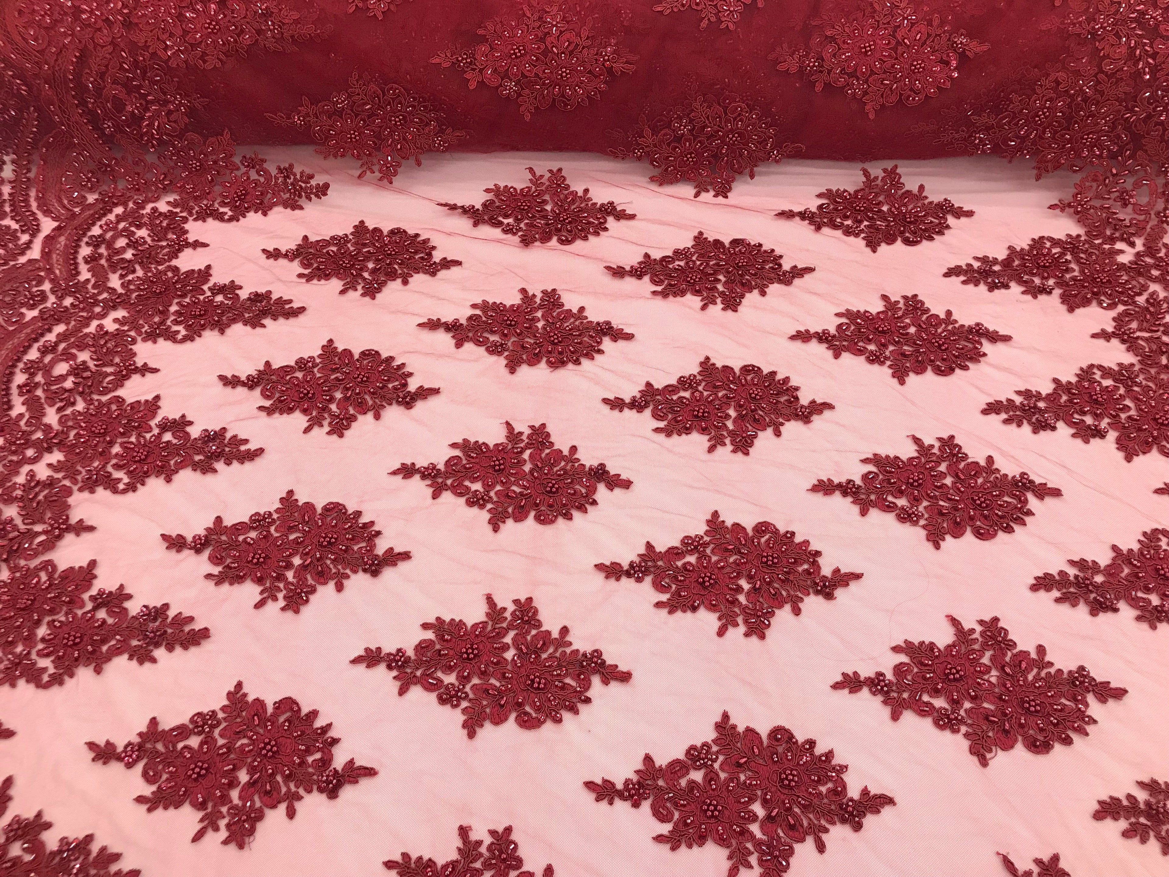 Burgundy  - Hand Beaded Embroidered Flower Pattern Bridal Wedding Lace Fabric Sold by The Yard