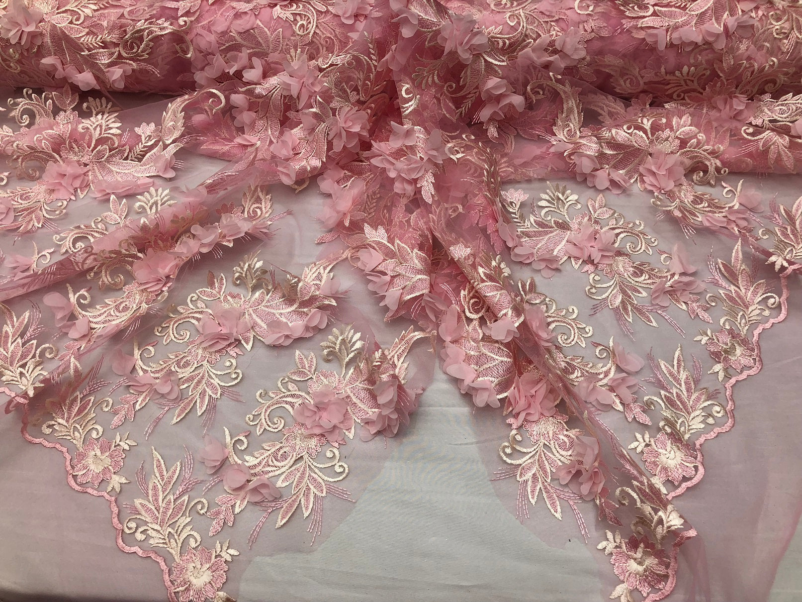 3D Embroided - Light Pink Flower And Leaf Pattern Fabric Fancy Flowers Fashion Fabric By The Yard