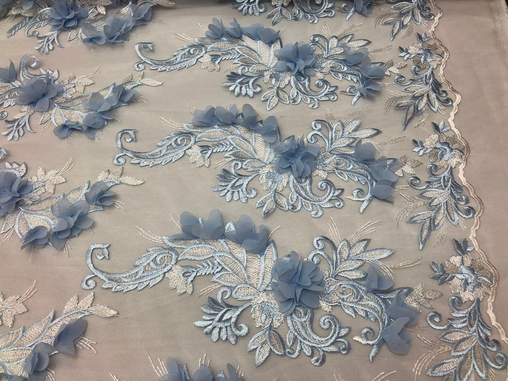 3D Embroided - Baby Blue Flower And Leaf Pattern Fabric Fancy Flowers Fashion Fabric By The Yard