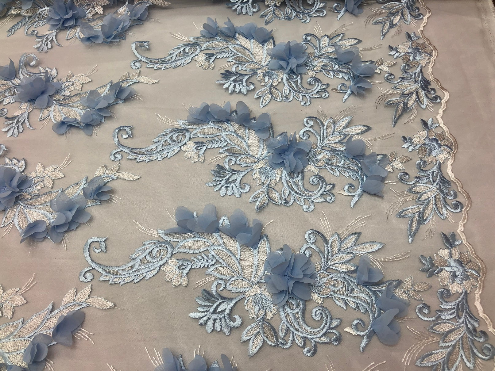 3D Embroided - Baby Blue Flower And Leaf Pattern Fabric Fancy Flowers Fashion Fabric By The Yard