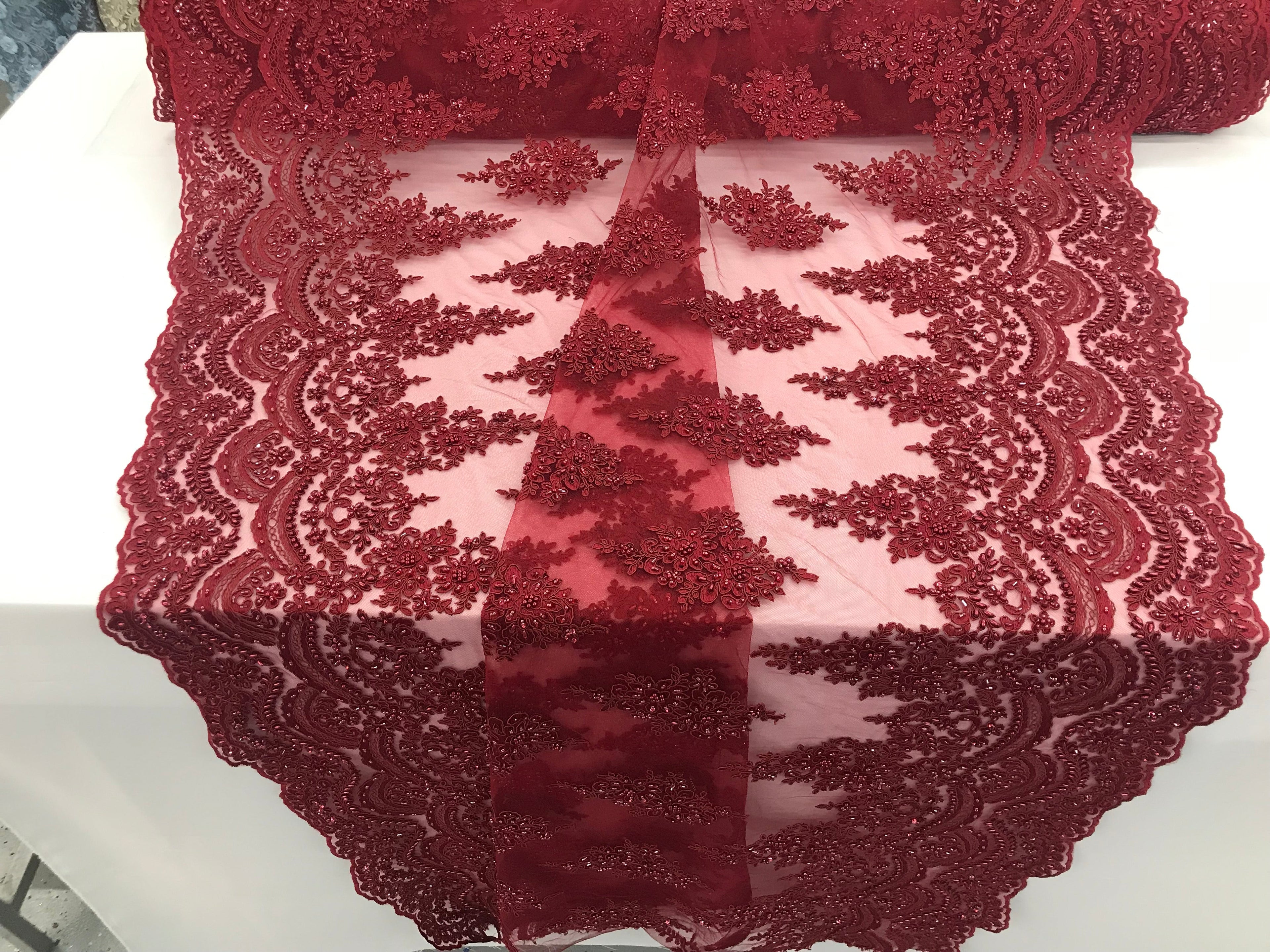 Burgundy  - Hand Beaded Embroidered Flower Pattern Bridal Wedding Lace Fabric Sold by The Yard