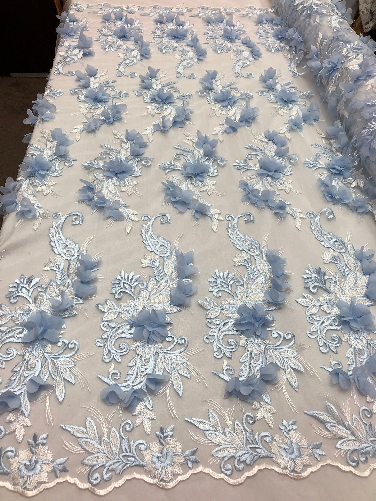 3D Embroided - Baby Blue Flower And Leaf Pattern Fabric Fancy Flowers Fashion Fabric By The Yard