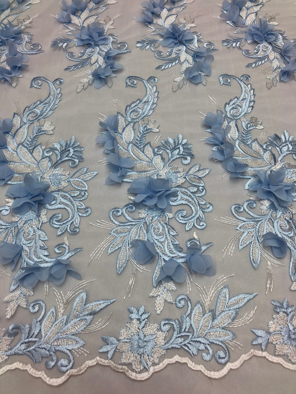 3D Embroided - Baby Blue Flower And Leaf Pattern Fabric Fancy Flowers Fashion Fabric By The Yard