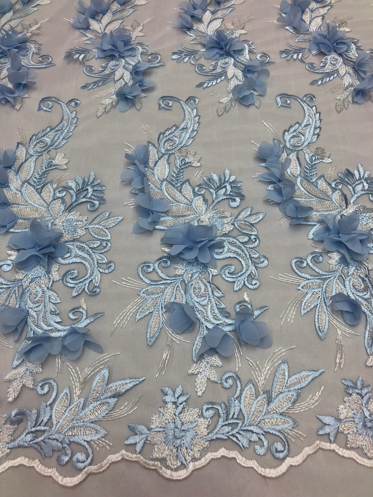 3D Embroided - Baby Blue Flower And Leaf Pattern Fabric Fancy Flowers Fashion Fabric By The Yard