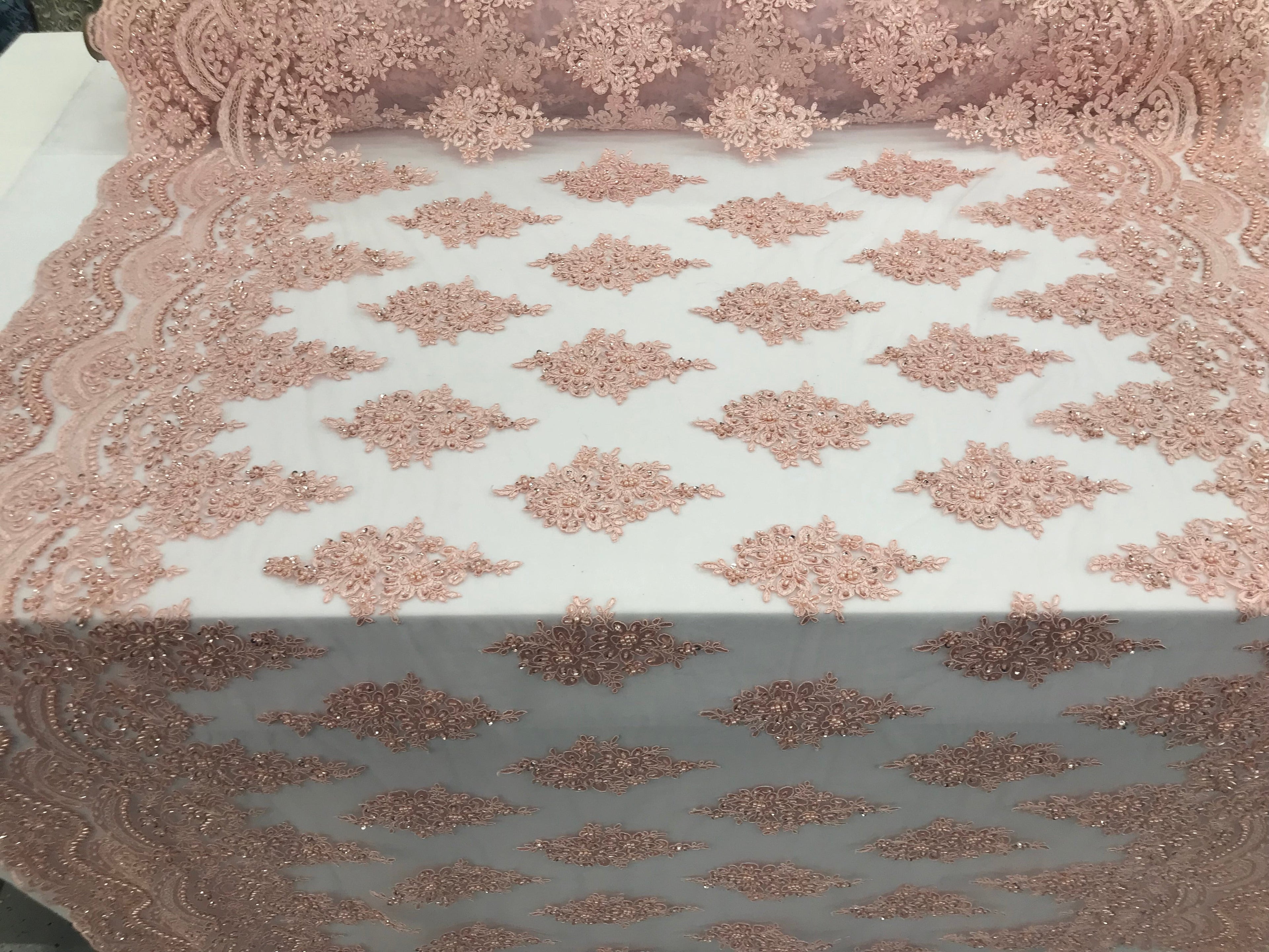Blush Pink - Hand Beaded Embroidered Flower Pattern Bridal Wedding Lace Fabric Sold by The Yard
