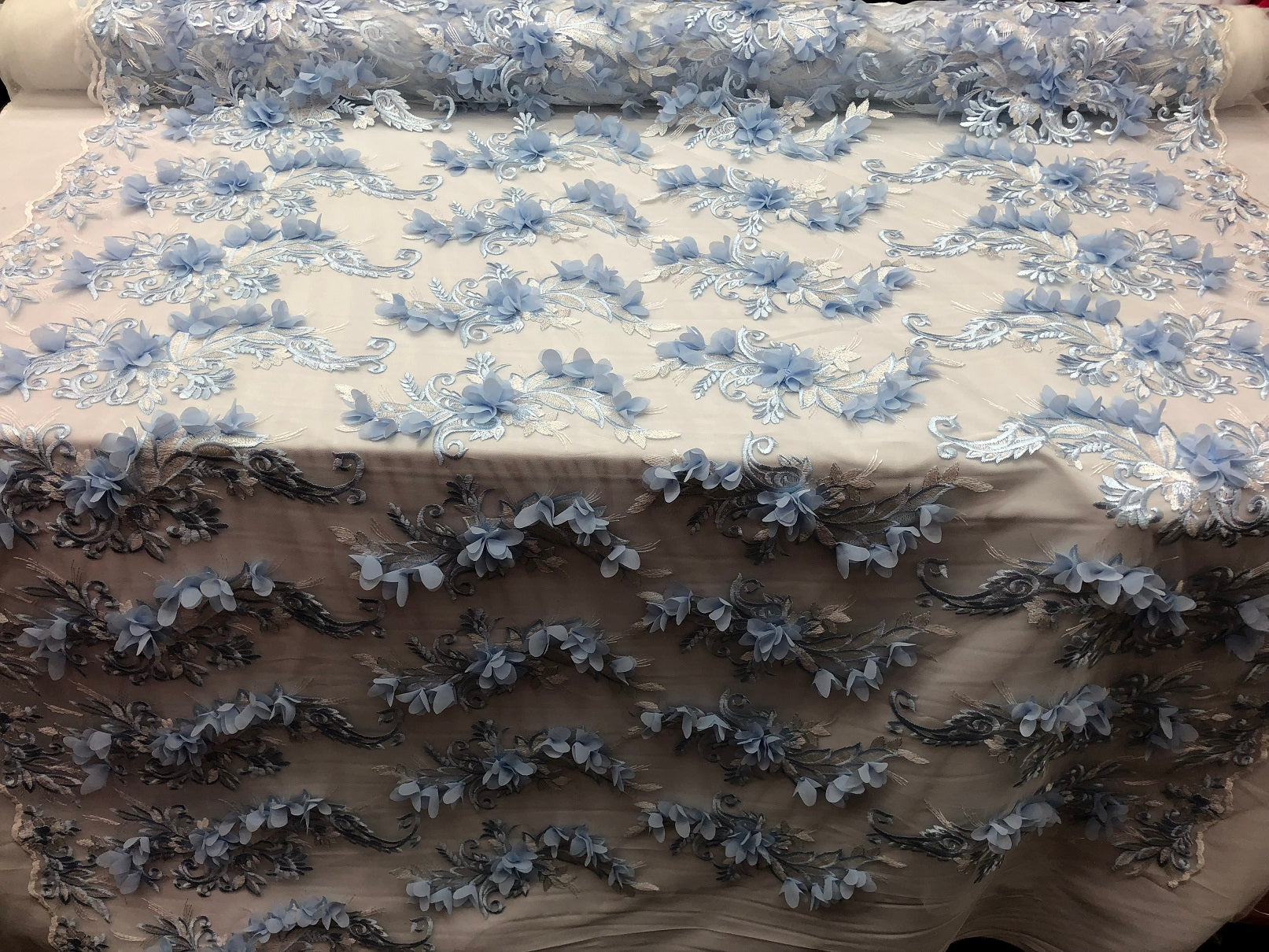 3D Embroided - Baby Blue Flower And Leaf Pattern Fabric Fancy Flowers Fashion Fabric By The Yard