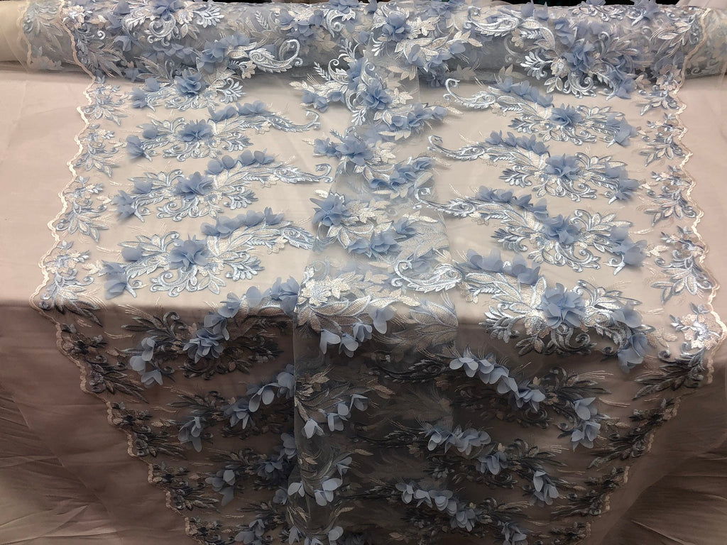 3D Embroided - Baby Blue Flower And Leaf Pattern Fabric Fancy Flowers Fashion Fabric By The Yard