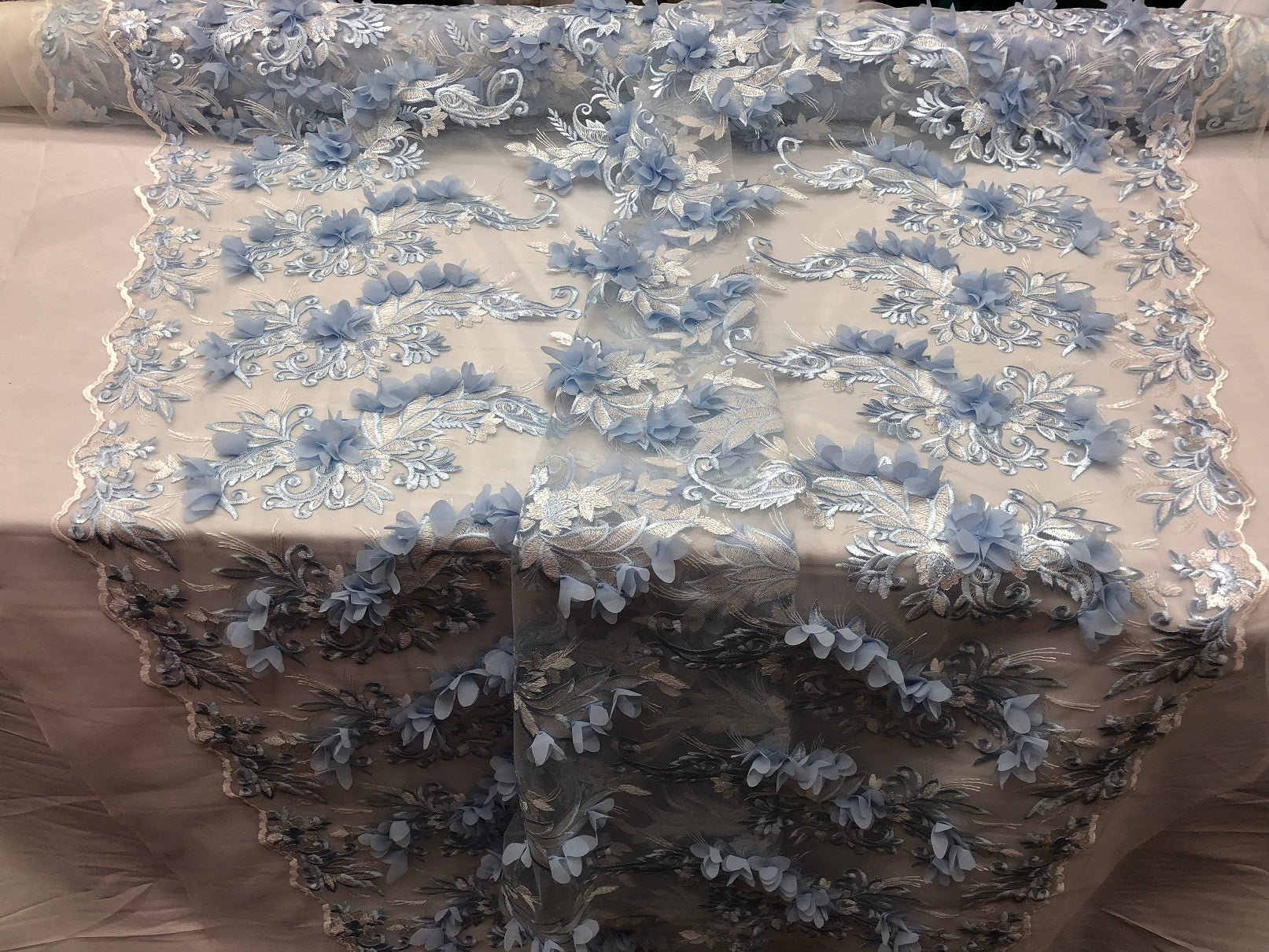 3D Embroided - Baby Blue Flower And Leaf Pattern Fabric Fancy Flowers Fashion Fabric By The Yard