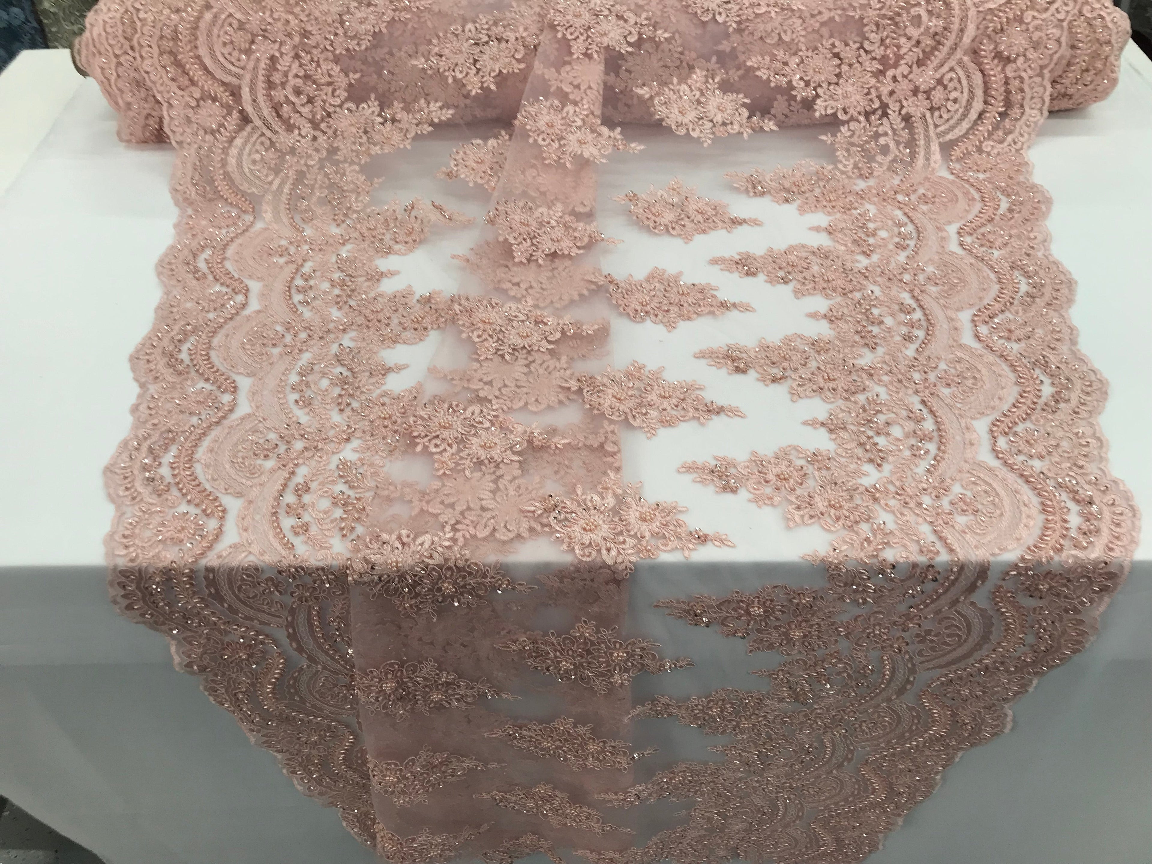 Blush Pink - Hand Beaded Embroidered Flower Pattern Bridal Wedding Lace Fabric Sold by The Yard