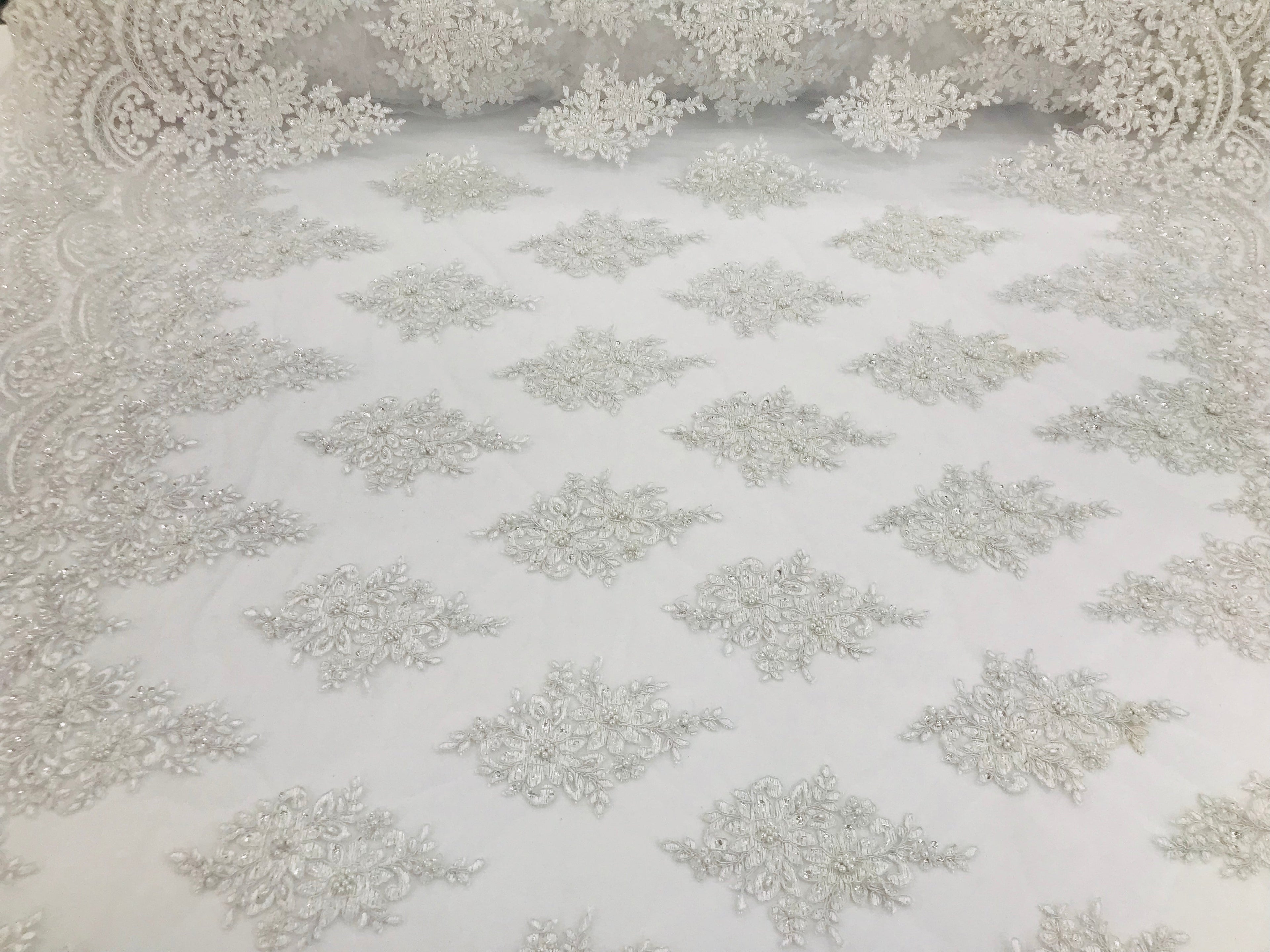 White - Hand Beaded Embroidered Flower Pattern Bridal Wedding Lace Fabric Sold by The Yard