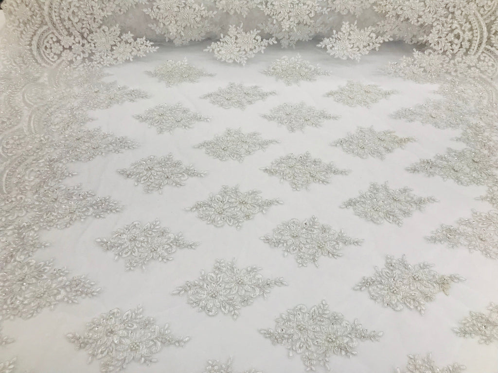 White - Hand Beaded Embroidered Flower Pattern Bridal Wedding Lace Fabric Sold by The Yard