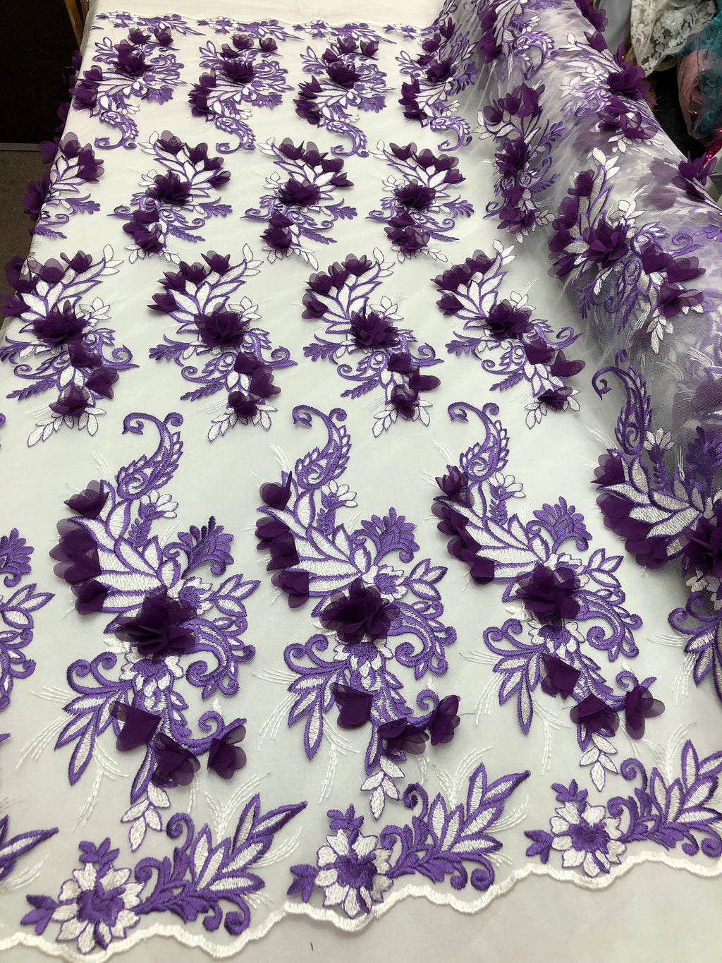 3D Embroided - Lilac Flower And Leaf Pattern Fabric Fancy Flowers Fashion Fabric By The Yard