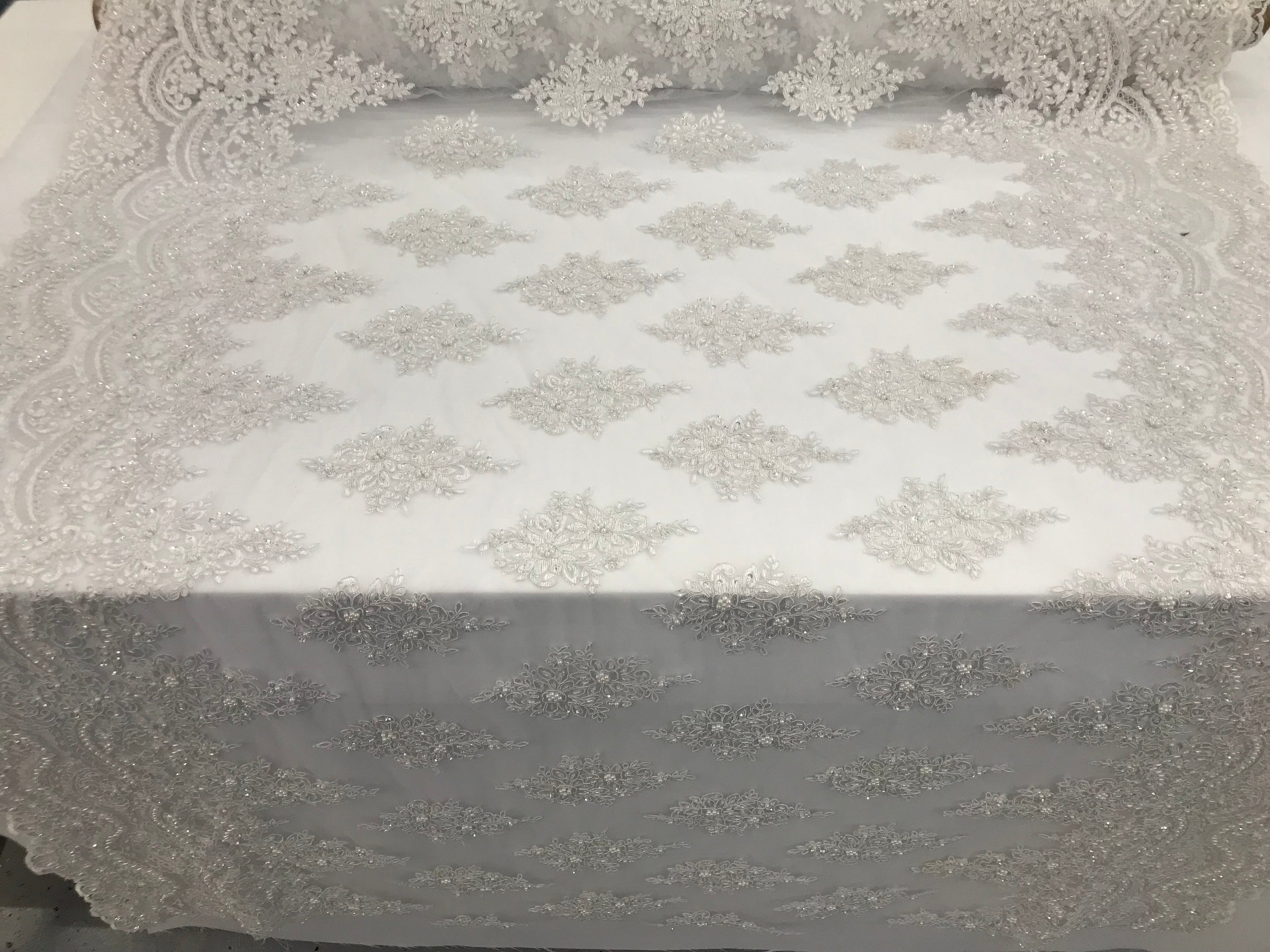 White - Hand Beaded Embroidered Flower Pattern Bridal Wedding Lace Fabric Sold by The Yard