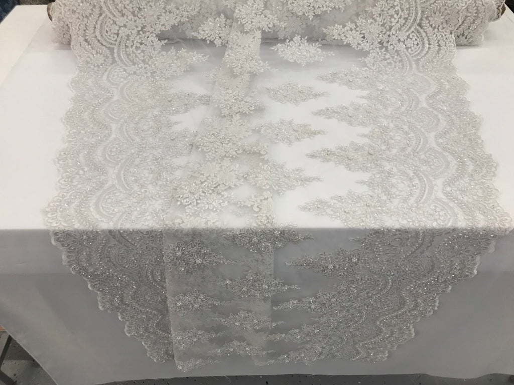 White - Hand Beaded Embroidered Flower Pattern Bridal Wedding Lace Fabric Sold by The Yard