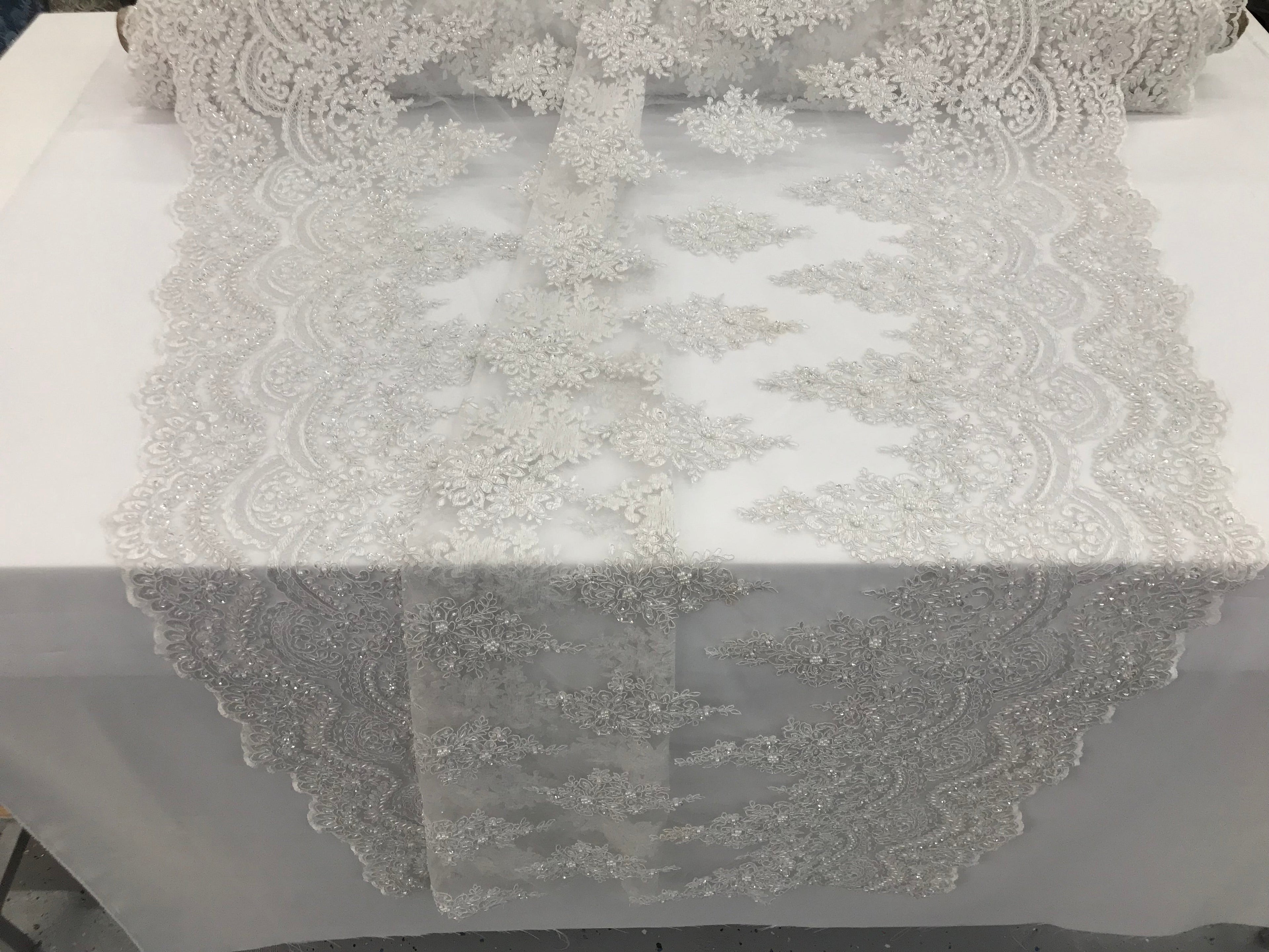 White - Hand Beaded Embroidered Flower Pattern Bridal Wedding Lace Fabric Sold by The Yard