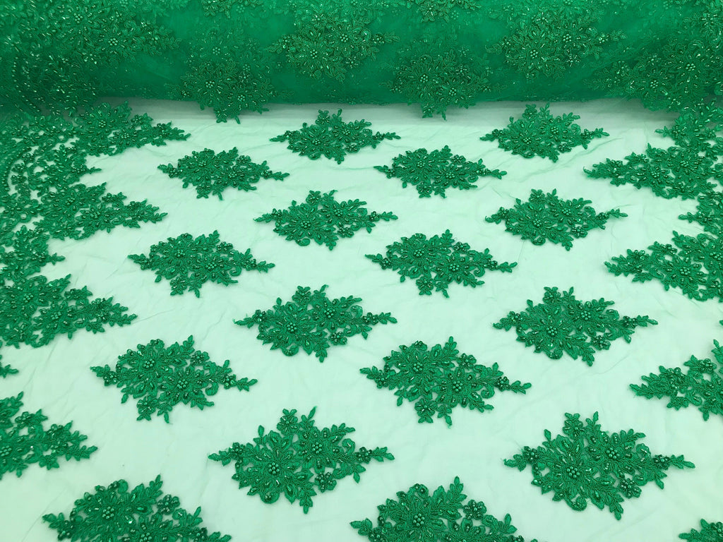 Green - Hand Beaded Embroidered Flower Pattern Bridal Wedding Lace Fabric Sold by The Yard