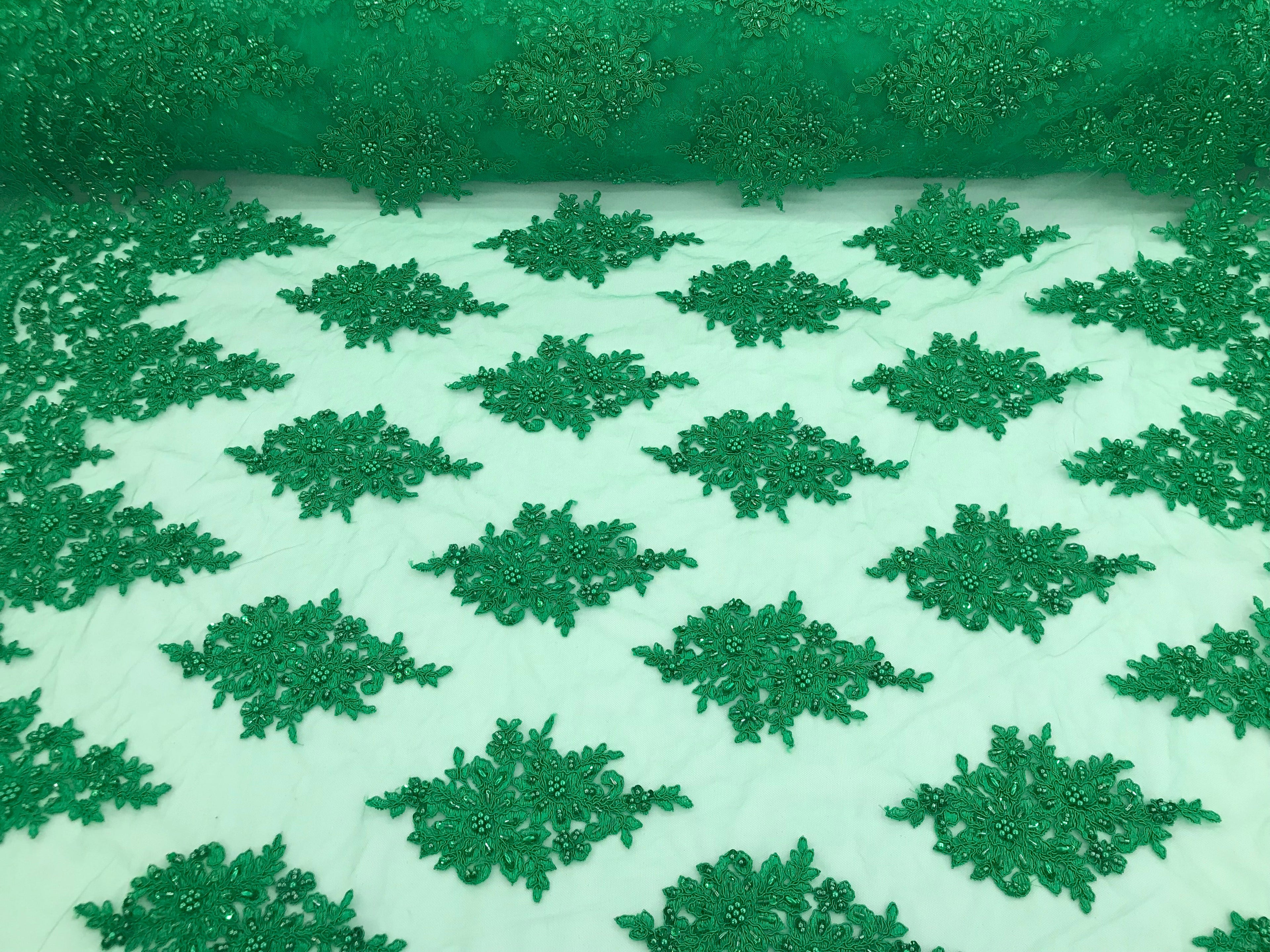 Green - Hand Beaded Embroidered Flower Pattern Bridal Wedding Lace Fabric Sold by The Yard
