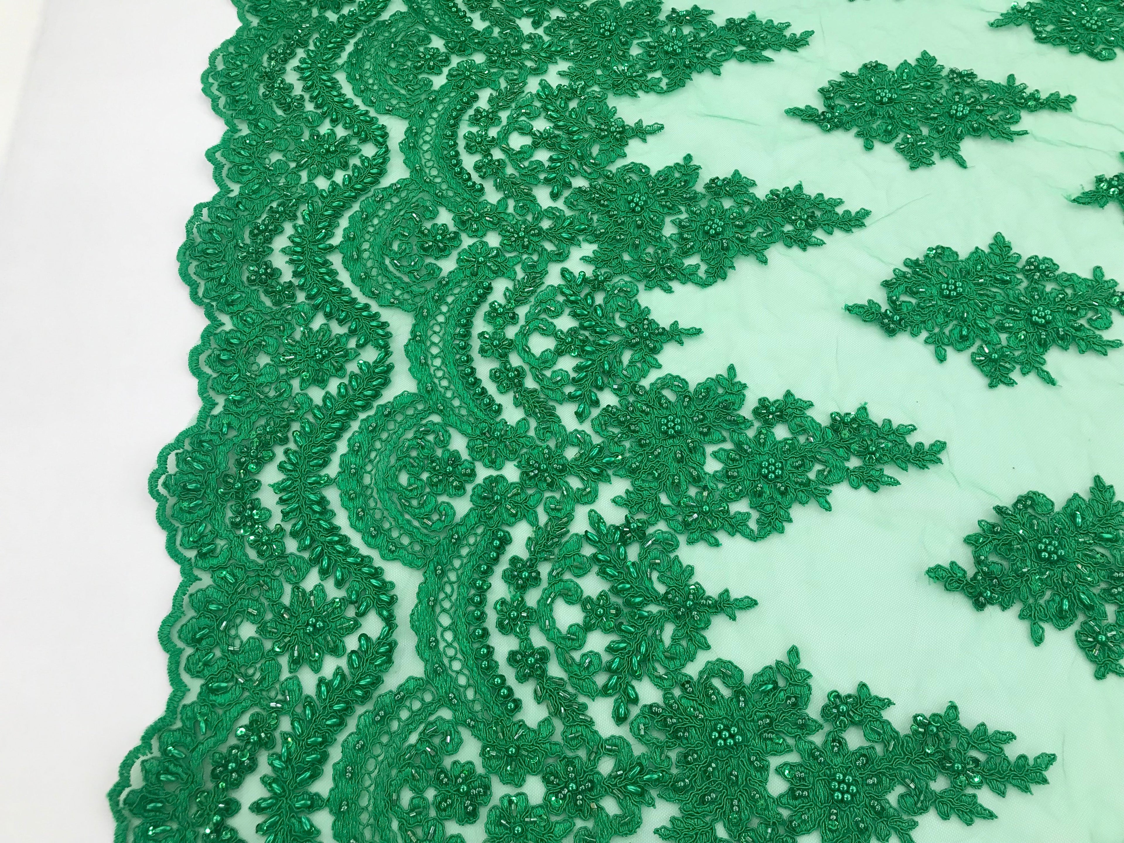 Green - Hand Beaded Embroidered Flower Pattern Bridal Wedding Lace Fabric Sold by The Yard
