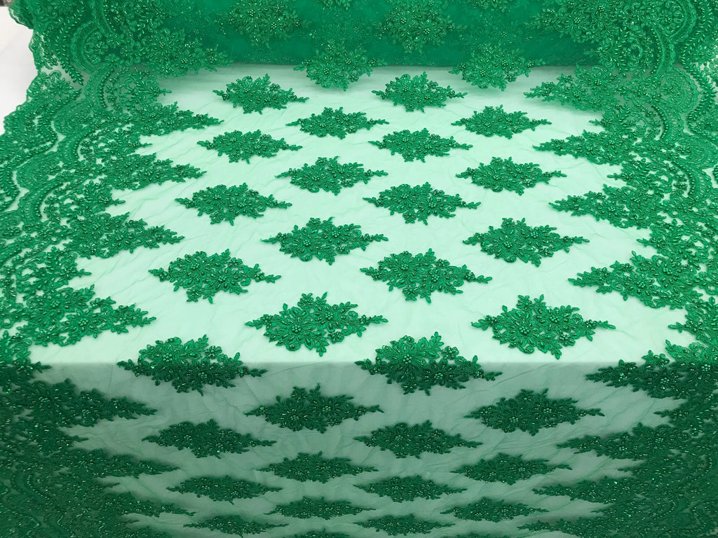 Green - Hand Beaded Embroidered Flower Pattern Bridal Wedding Lace Fabric Sold by The Yard