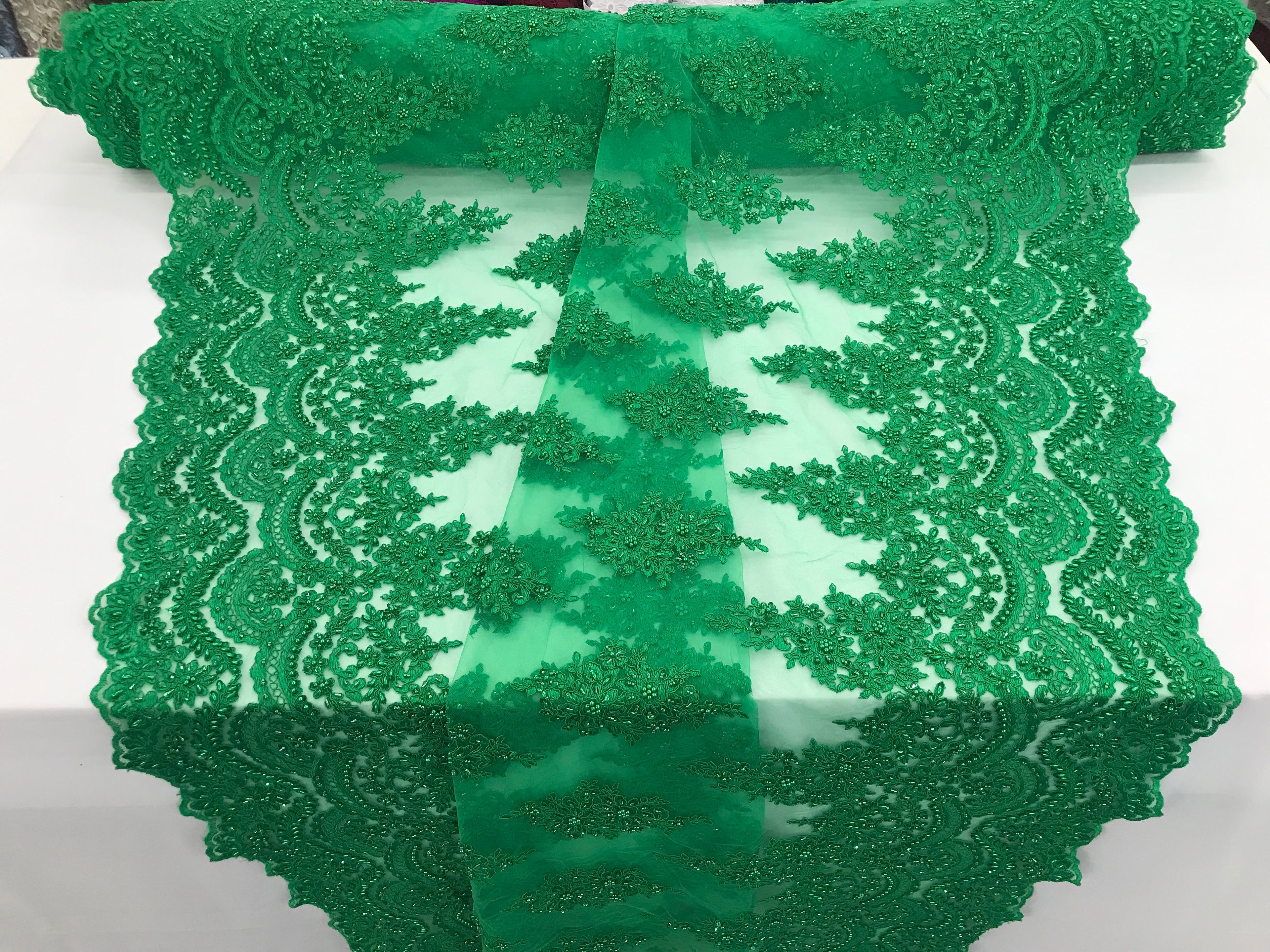 Green - Hand Beaded Embroidered Flower Pattern Bridal Wedding Lace Fabric Sold by The Yard