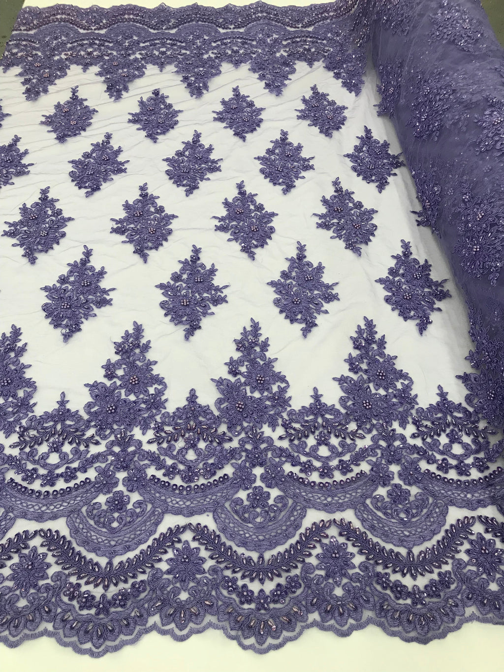 Lilac - Hand Beaded Embroidered Flower Pattern Bridal Wedding Lace Fabric Sold by The Yard