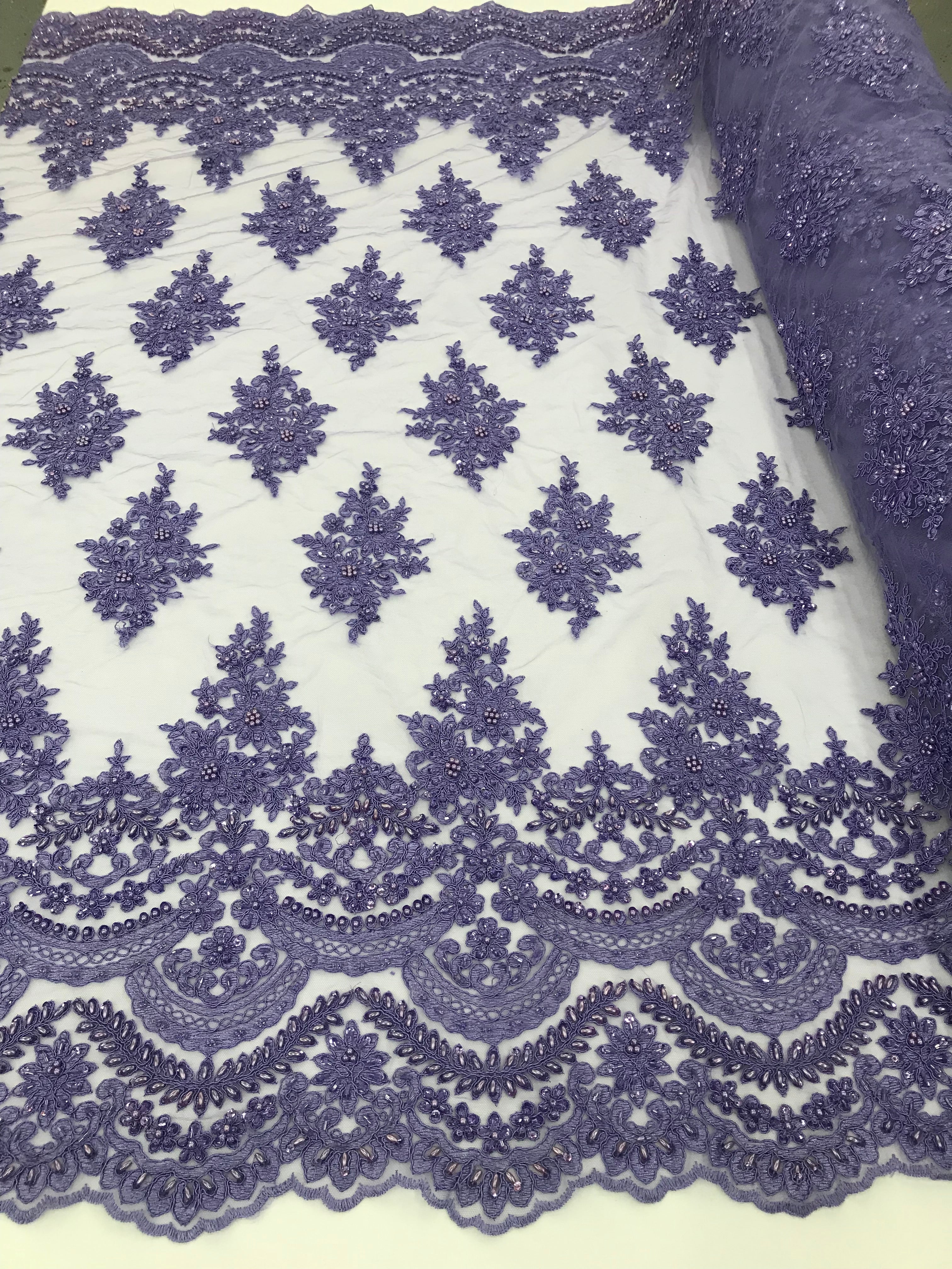 Lilac - Hand Beaded Embroidered Flower Pattern Bridal Wedding Lace Fabric Sold by The Yard