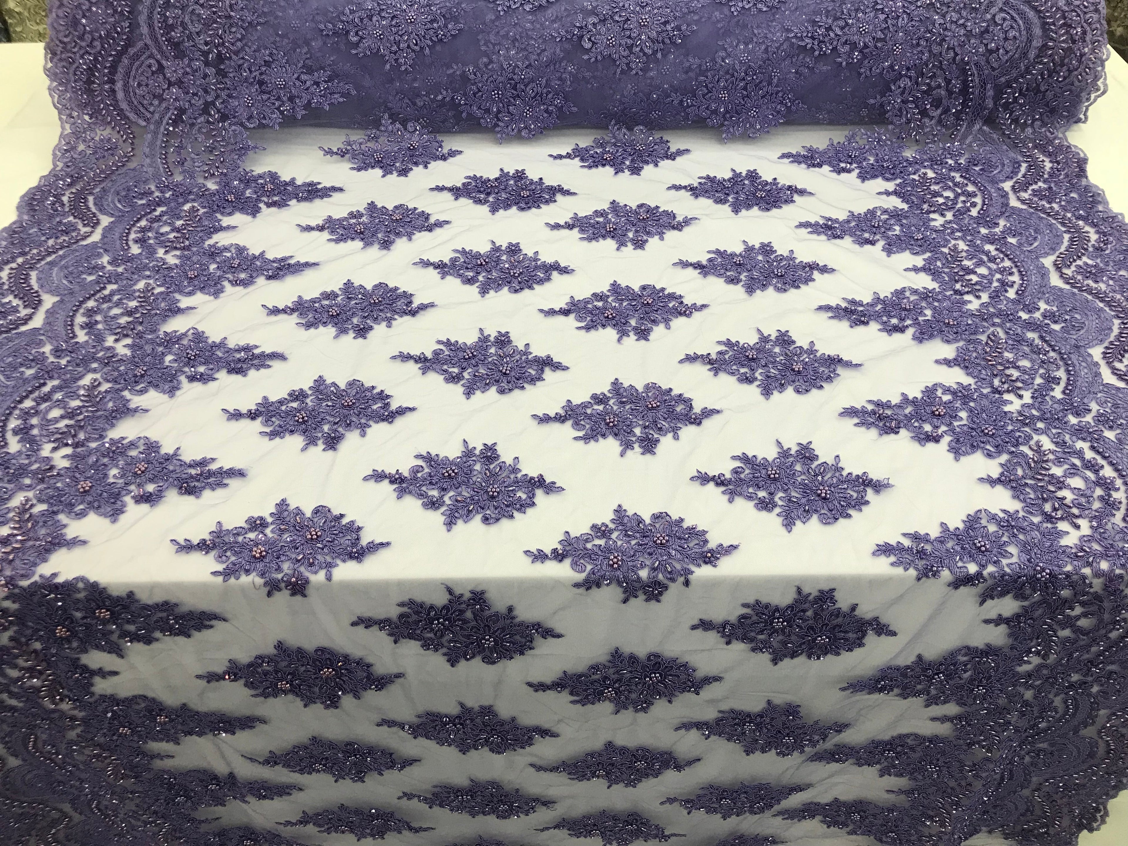 Lilac - Hand Beaded Embroidered Flower Pattern Bridal Wedding Lace Fabric Sold by The Yard